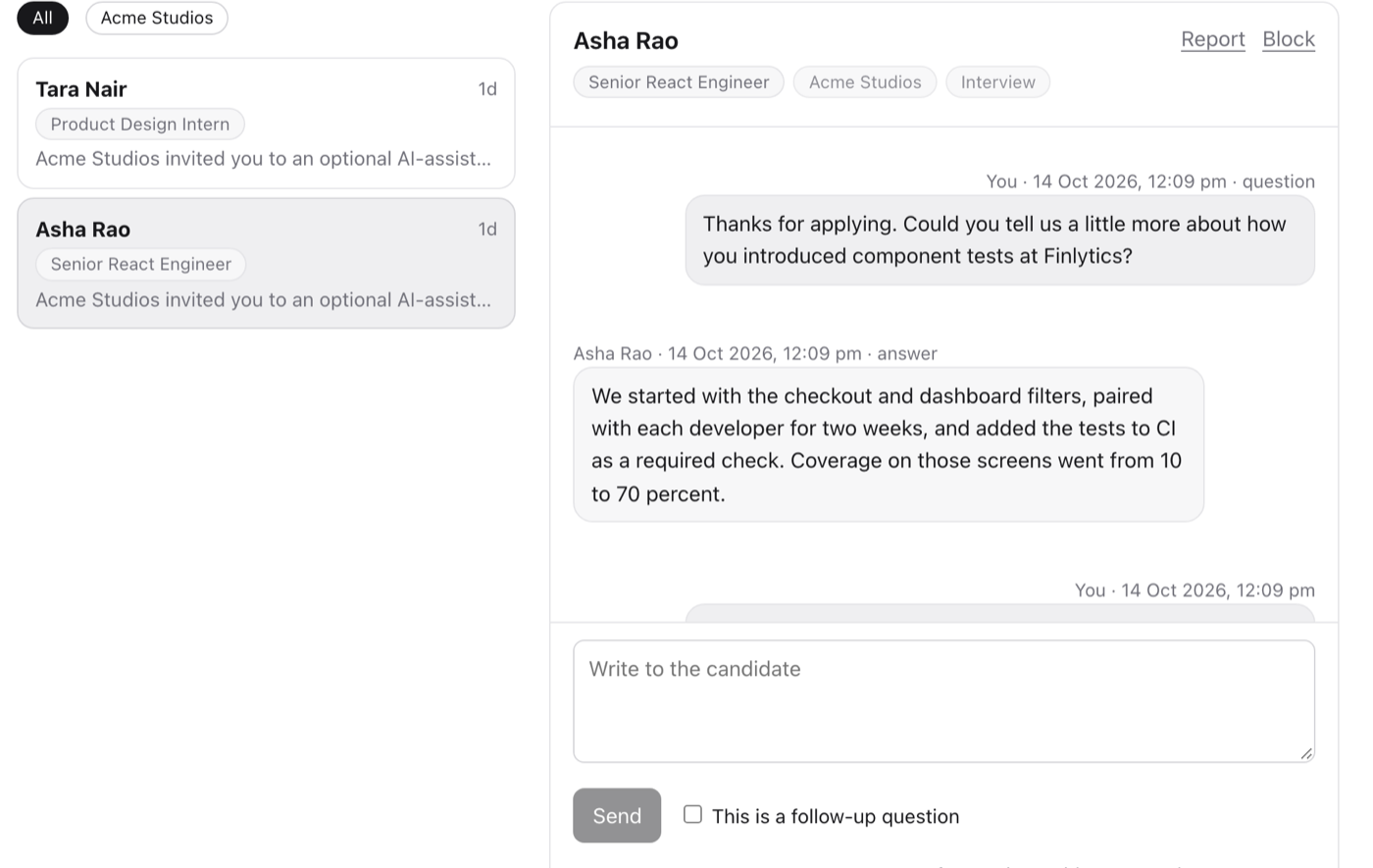 A Vibly inbox. Two conversations are listed with the role each one is about. The open conversation shows a follow-up question from the employer and the candidate's answer, with Report and Block links.